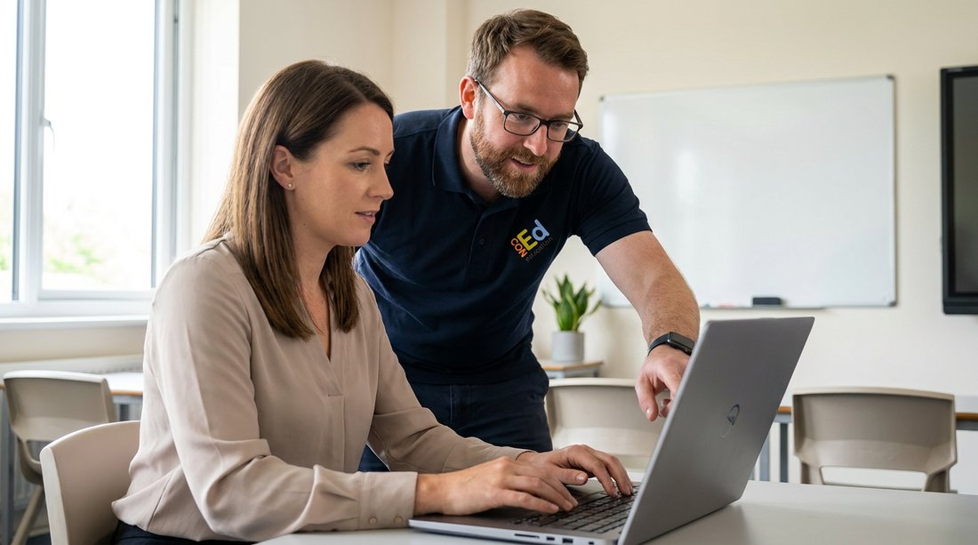 Con Ed technician configuring student accounts with a primary school teacher