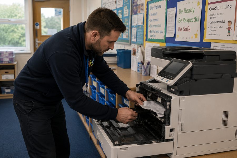 A Con Ed engineer clearing a printer paper jam in a school office
