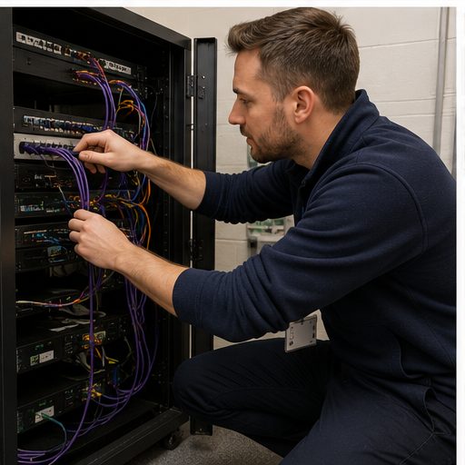 A Con Ed engineer working on a school network cabinet