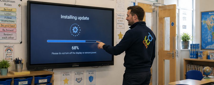 A Con Ed engineer installing an update on a classroom interactive display