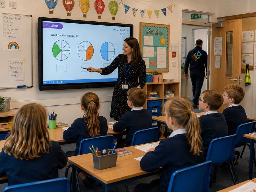 A primary school teacher using an interactive whiteboard during a lesson