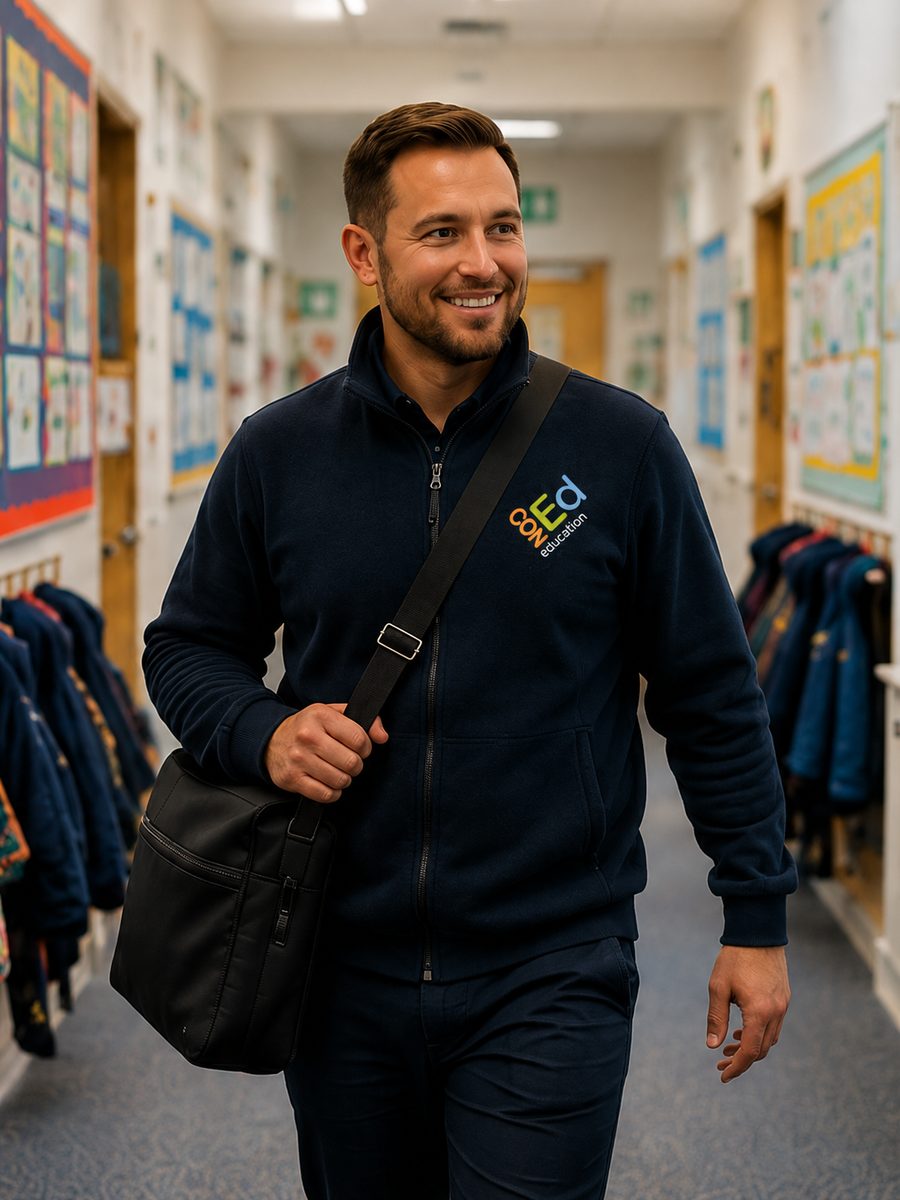 A Con Ed engineer arriving on-site at a primary school
