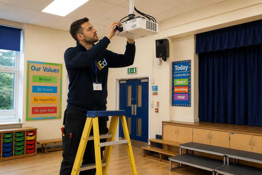 A Con Ed engineer servicing a classroom projector before it fails