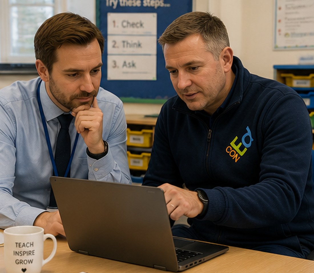 Con Ed engineer assisting a primary school teacher with a laptop